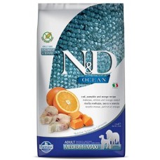 ND Ocean Codfish, Pumpkin, Orange Medium / Maxi Adult - пълноценна храна за кучета в зряла възраст над една година, от средните и едри породи с месо от риба треска и портокал